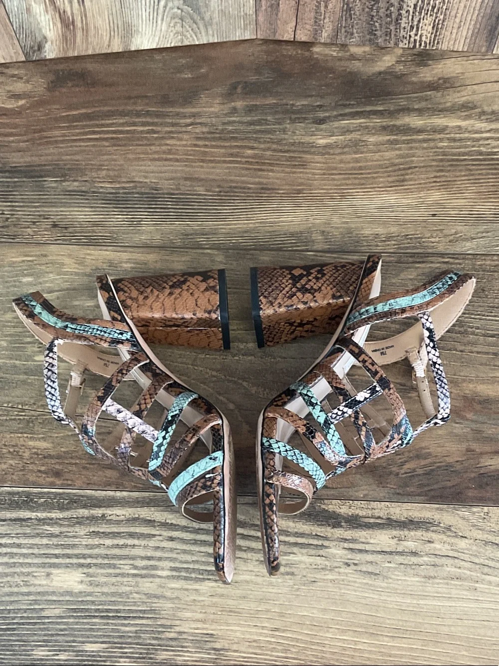ANTONIO MELANI Brown Snakeskin Strappy Block Heel Sandals 7M